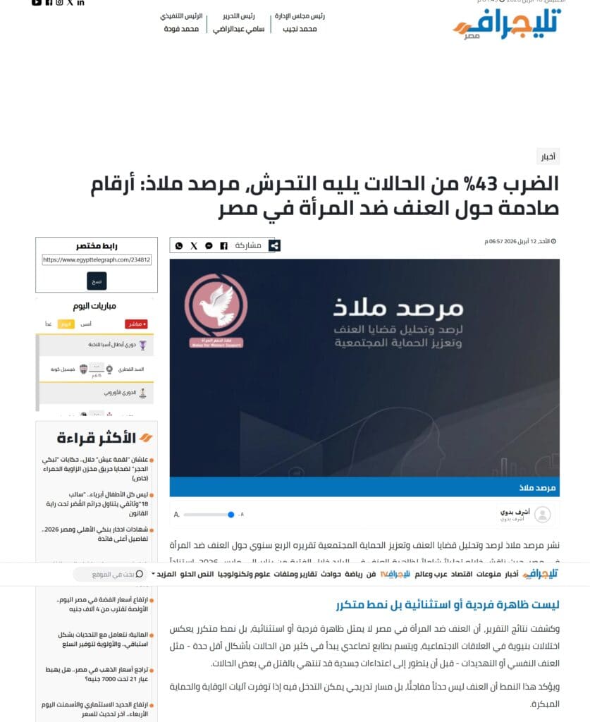 تقرير مرصد ملاذ عن العنف ضد المرأة في مصر، يوضح أن 43% من حالات العنف يسبقها الضرب.