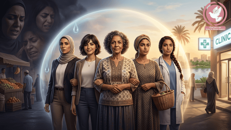 نساء من مختلف الأعمار يقفن معًا في مشهد يعبر عن دعم المرأة والصحة، مع خلفية طبيعية ومرافق صحية.